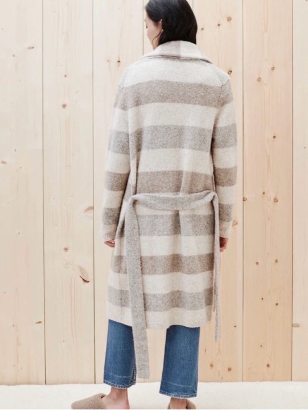 Jenni Kayne Striped Long Women's Sweater Coatigan in Cream and Taupe